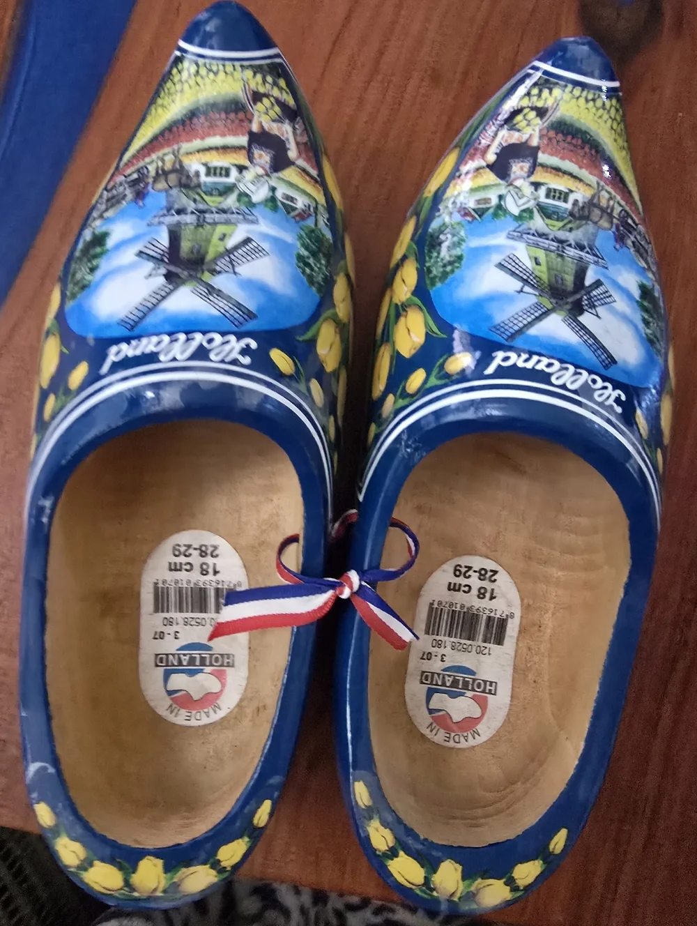 Holland Blue Kids Wooden Moccasin Clogs with Tulip & Windmill Art
